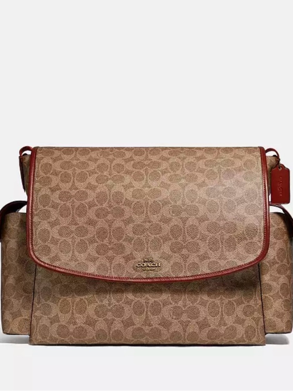 Coach Monogram Crossbody diaper Bag in Brown with Red Trim